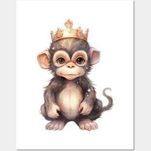 Watercolor Chimpanzee Wearing a Crown Posters and Art